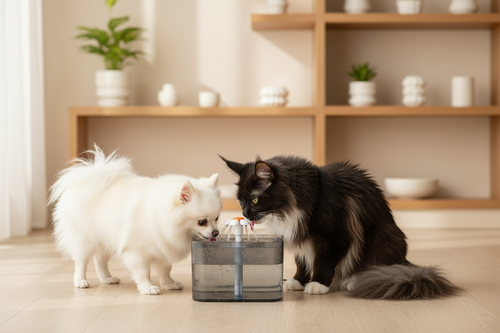 Fontaine à eau — Spitz nain & Maine Coon noir — Petizou